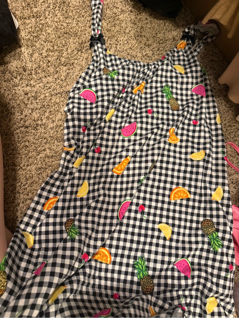 Betsey Johnson Black & White Gingham Fruit Print Dress with Pink Accents